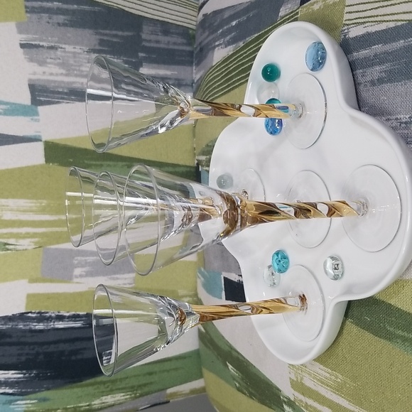 5 Vtg Aperitif Glasses With Gold Ribbon Stems - Picture 2 of 9